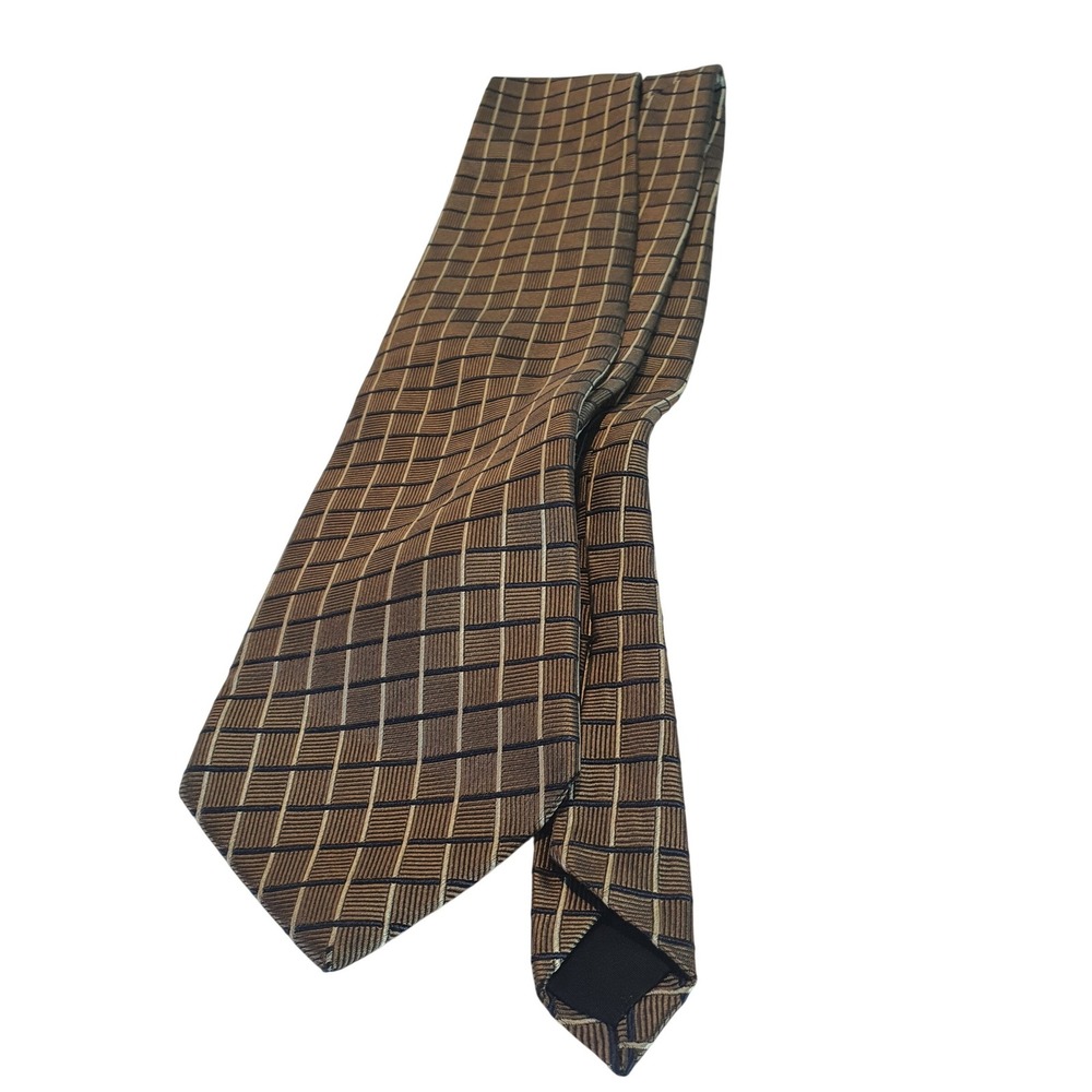 Brooks Basics Silk Tie Bronze Navy Blue Geometric Grid Made in USA Professional